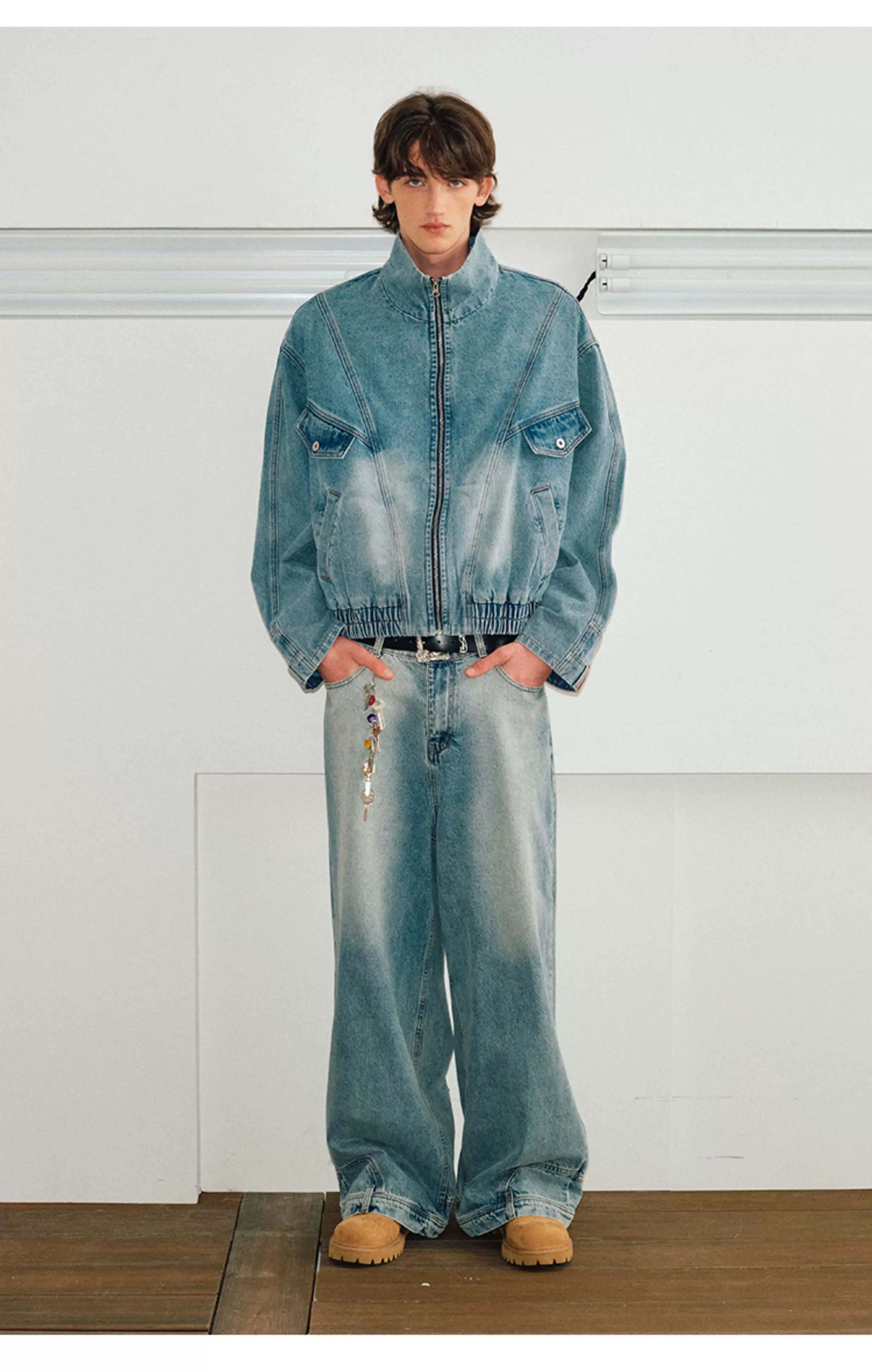 Men's Washed Denim Stand Collar Jacket