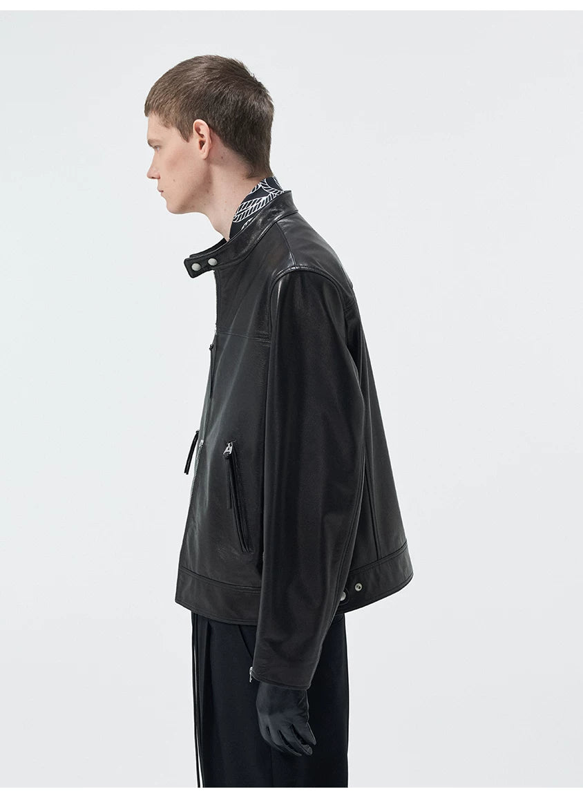 Short Stand Collar Cowhide Leather Jacket