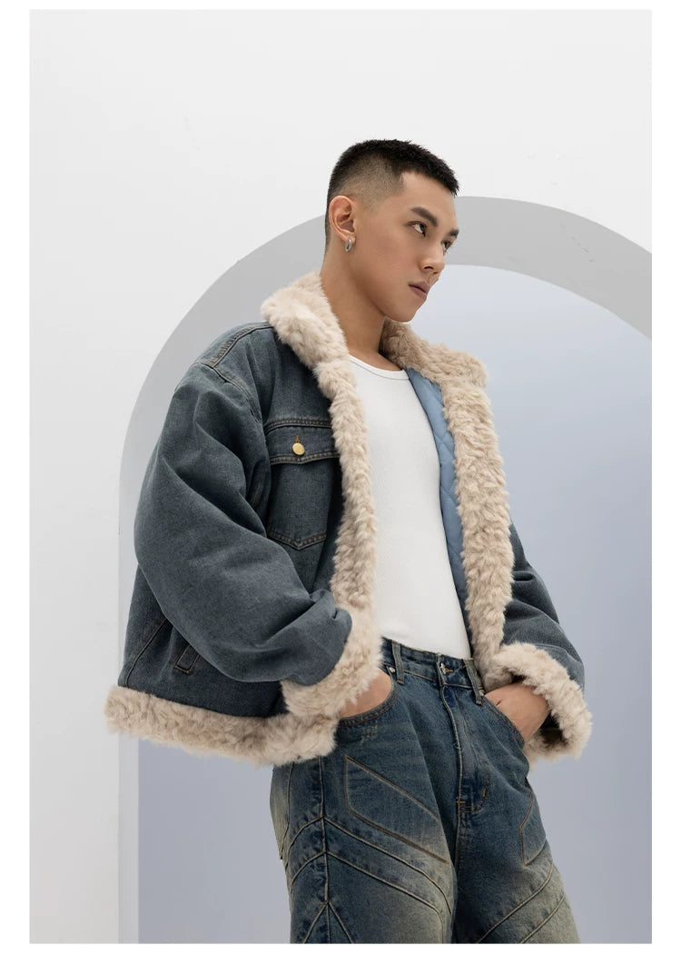 Unisex Vintage Faux Shearling Denim Puffer