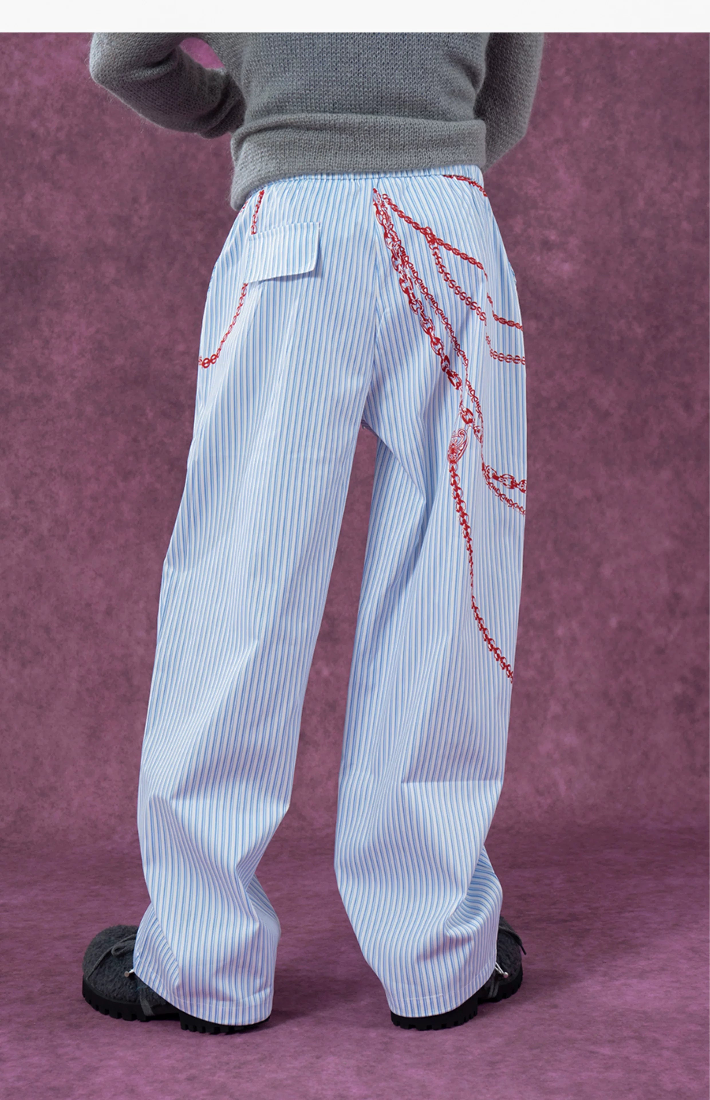 Men's White Striped Chain Print Pants