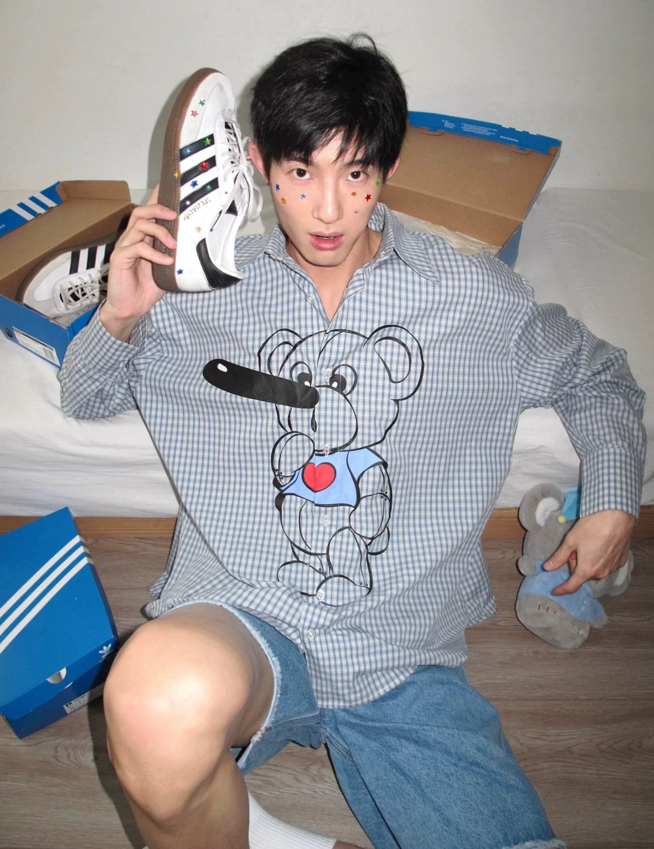Retro Plaid Pinocchio Bear Print Shirt