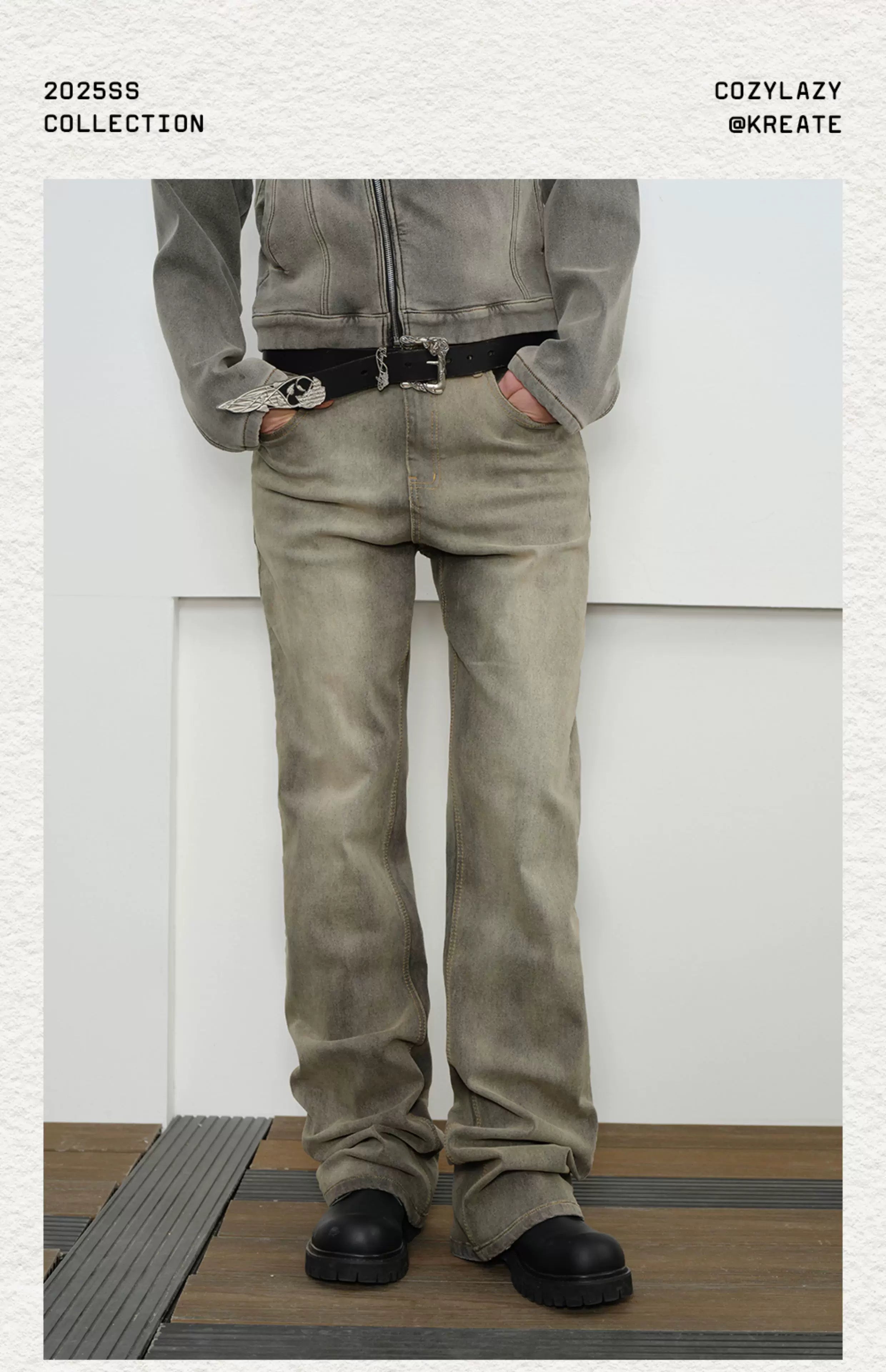 Mud-Dyed Distressed Bootcut Jeans