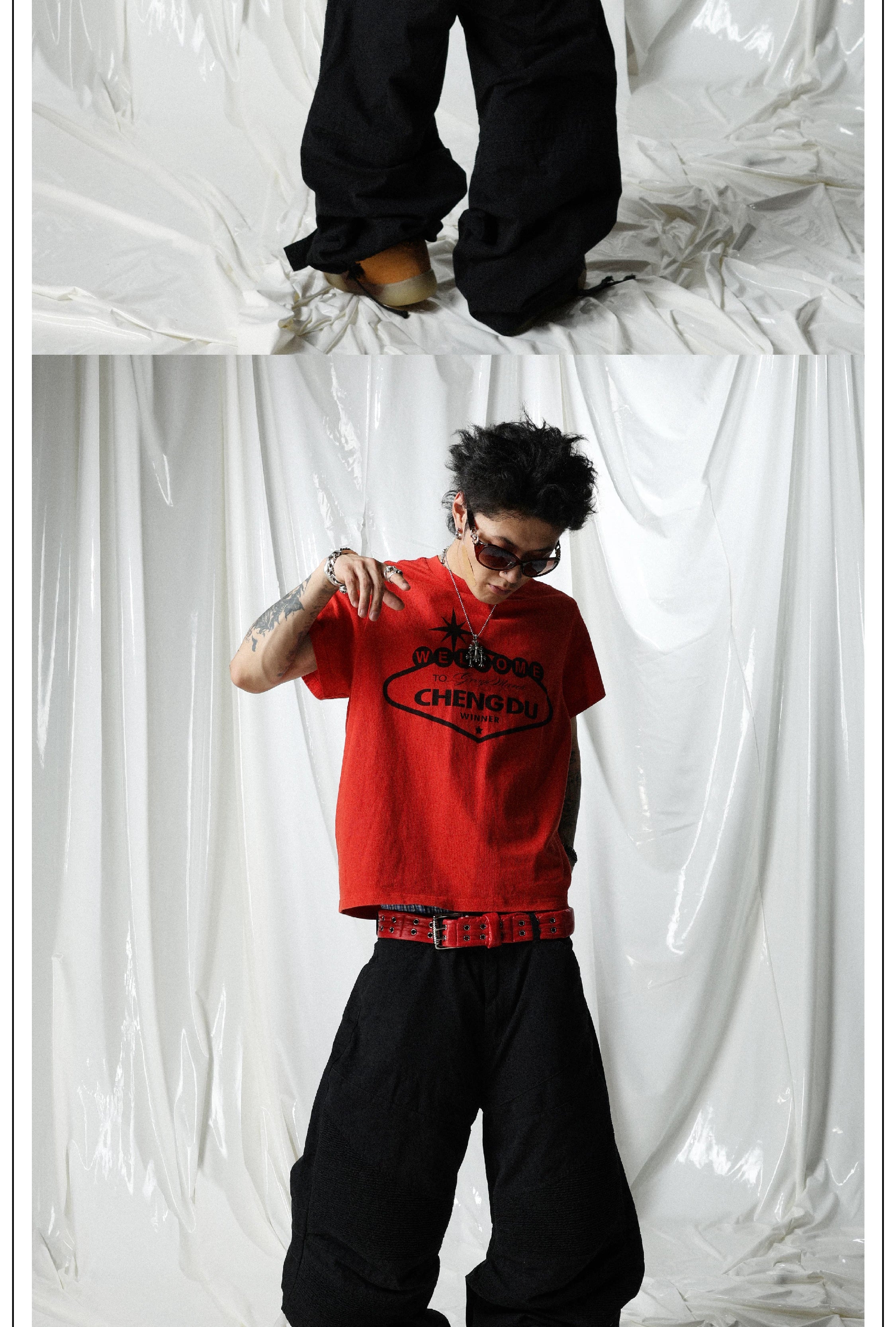 Black Adjustable Distressed Plaid Cargo Pants