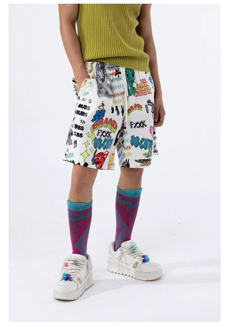 Men's Loose Drawstring Graffiti Beach Shorts