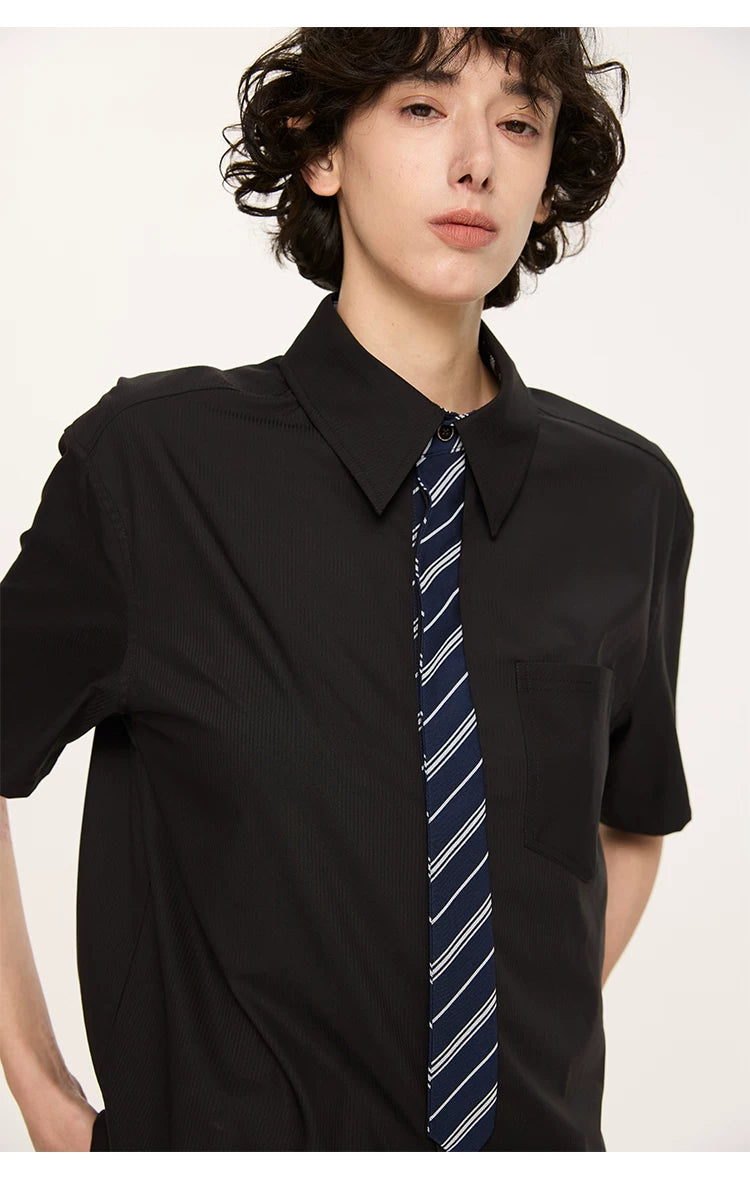 Striped And Houndstooth Short-Sleeved White Shirt