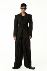 Black Wool Ribbon Pleated Waist-Tailored Blazer