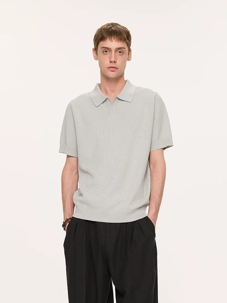 Wheat Jacquard V-Neck Knit Polo Tee