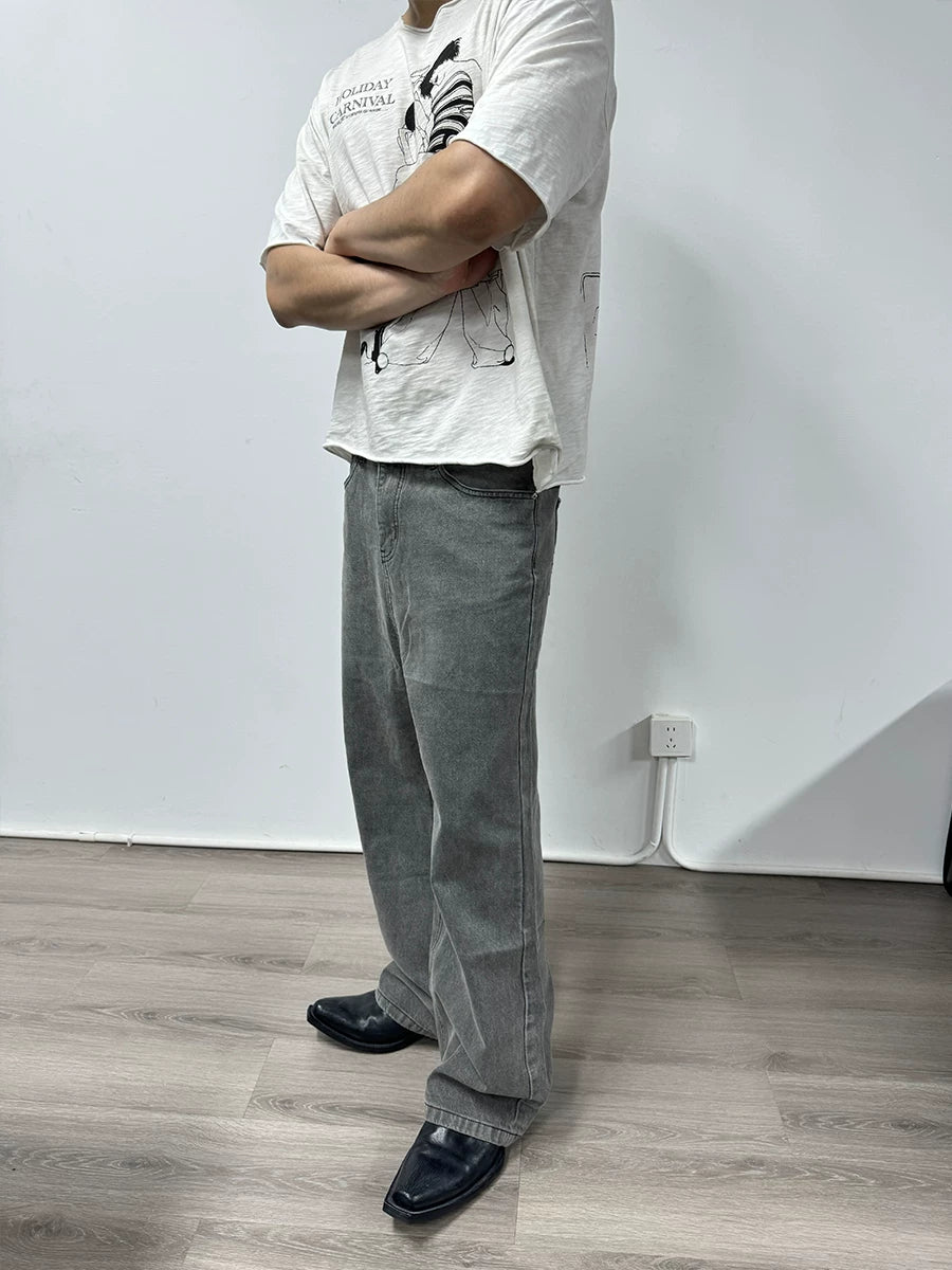 Tri-color Washed Straight Loose Jeans