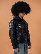 Men's Black Badged Hooded PU Jacket