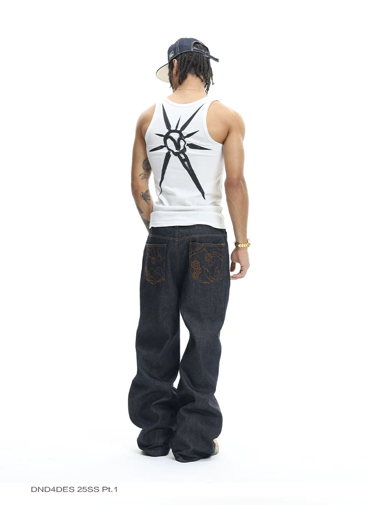 High-Density Embroidery Flared Raw Denim Jeans