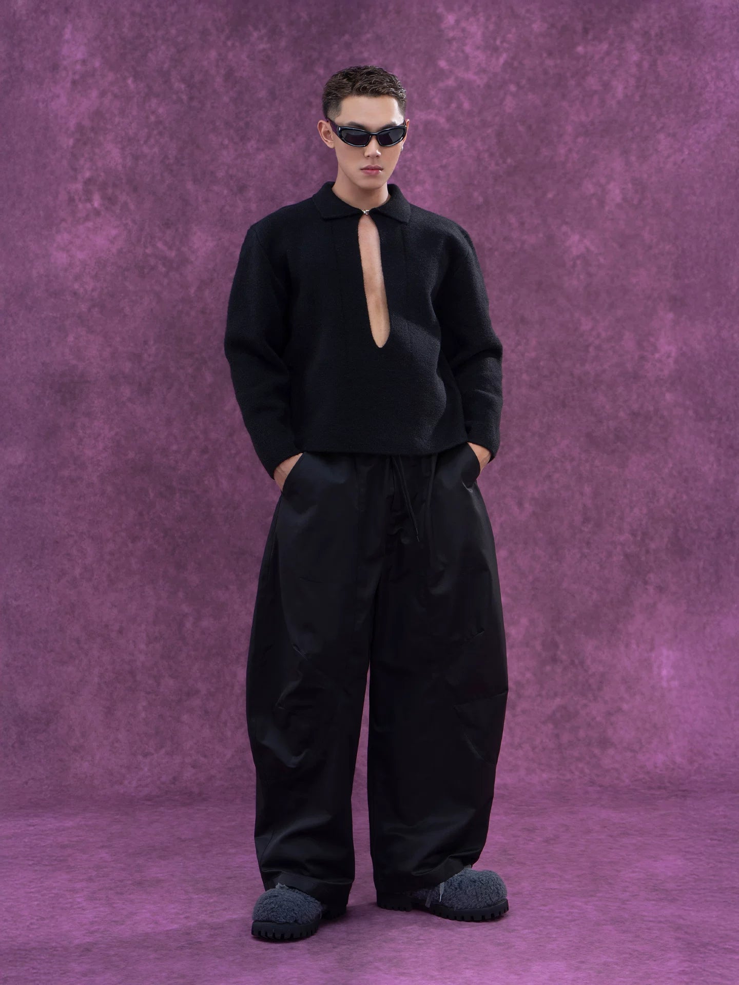 Long Charcoal V Neck Wool Sweater