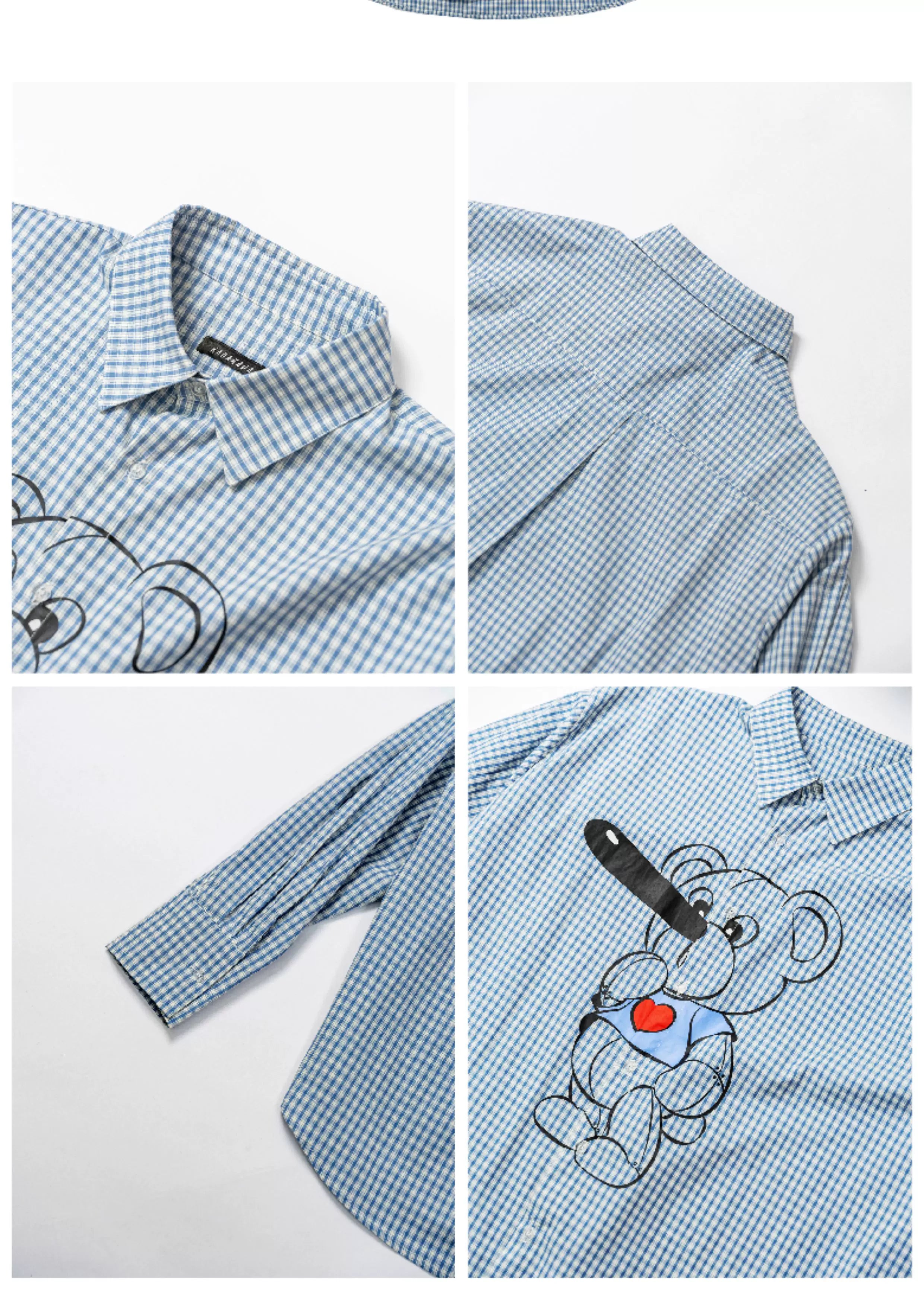 Retro Plaid Pinocchio Bear Print Shirt