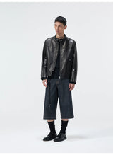 Short Stand Collar Cowhide Leather Jacket