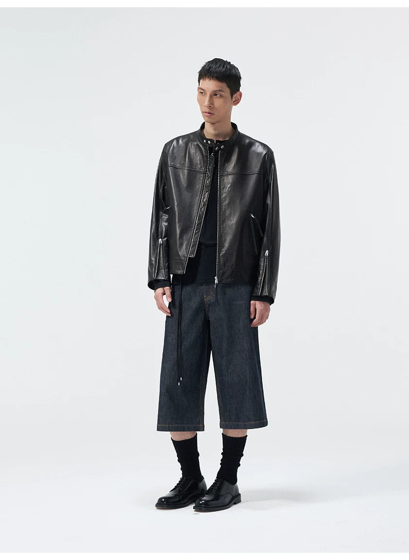 Short Stand Collar Cowhide Leather Jacket