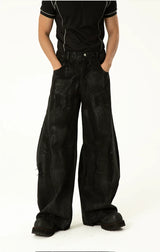 Men's Loose Distressed Black Curved Jeans