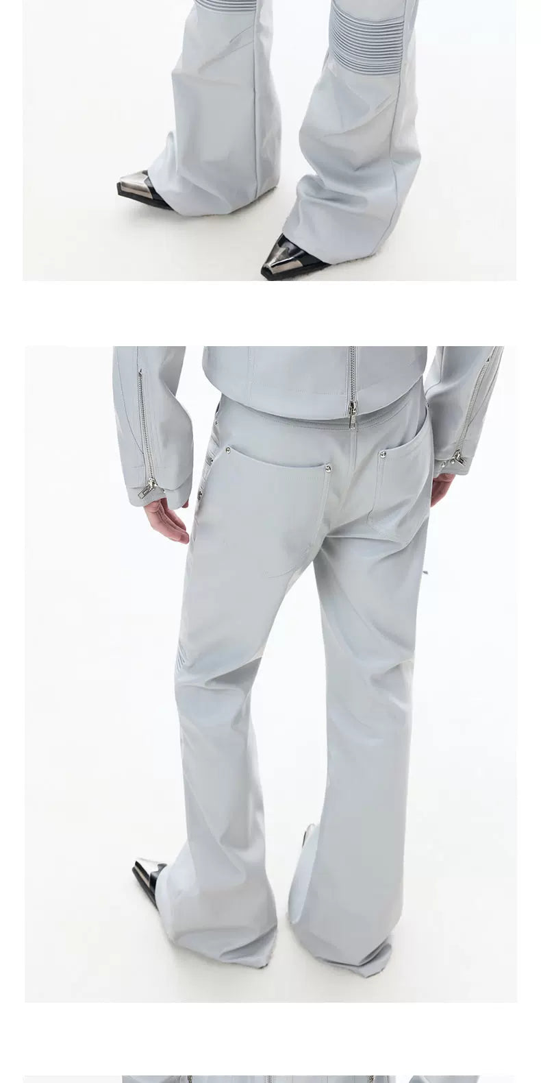 Multi-Zip Coated Moto Leather Flare Pants