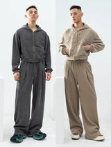 Gray Khaki Corduroy Embroidered Striped Zip-Hoodie