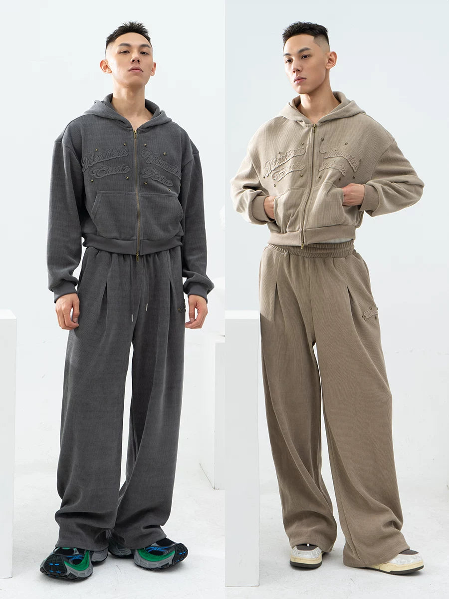 Gray Khaki Corduroy Embroidered Striped Zip-Hoodie