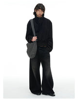 Pleated Distressed Wide Curved Jeans
