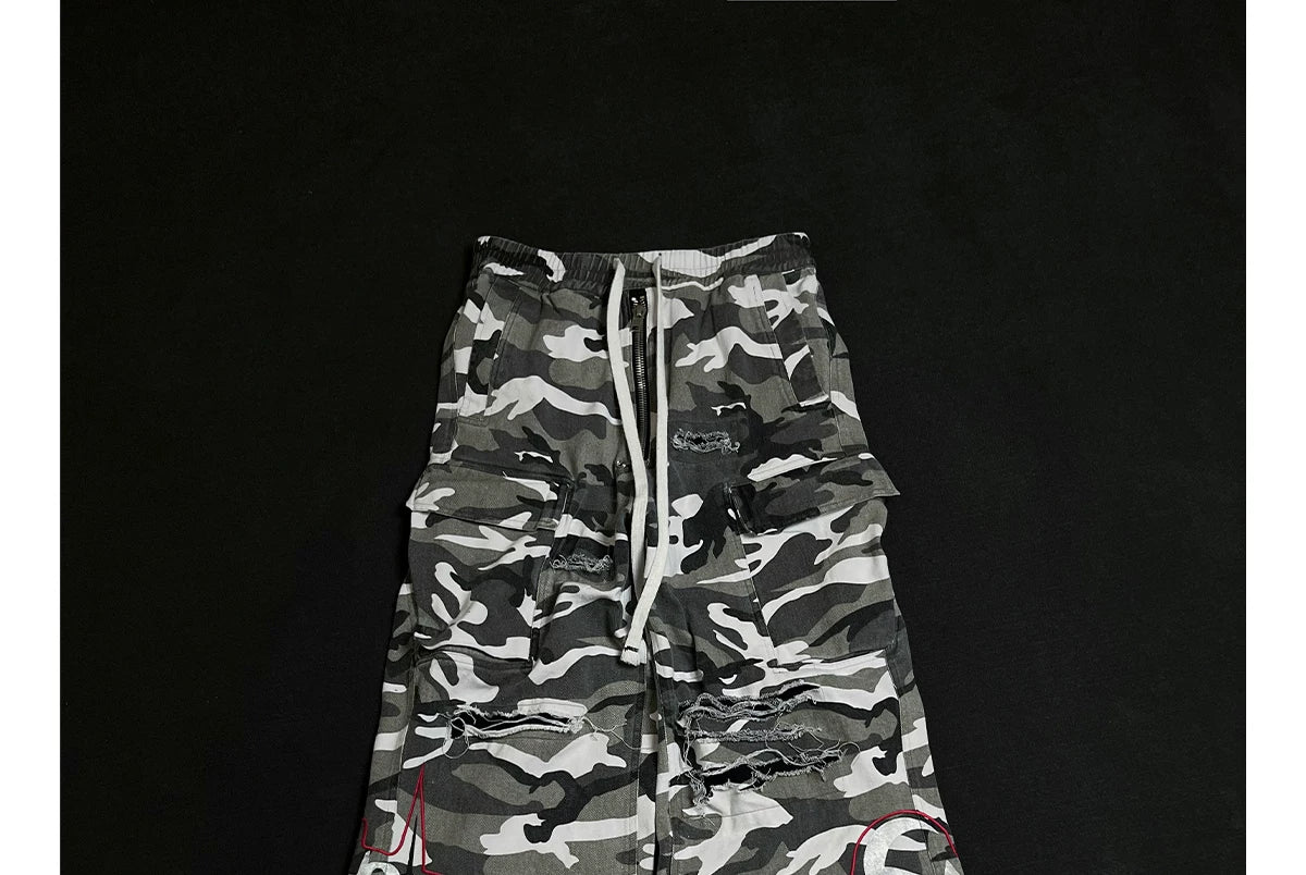Washed Distressed Camo Cargo Pants
