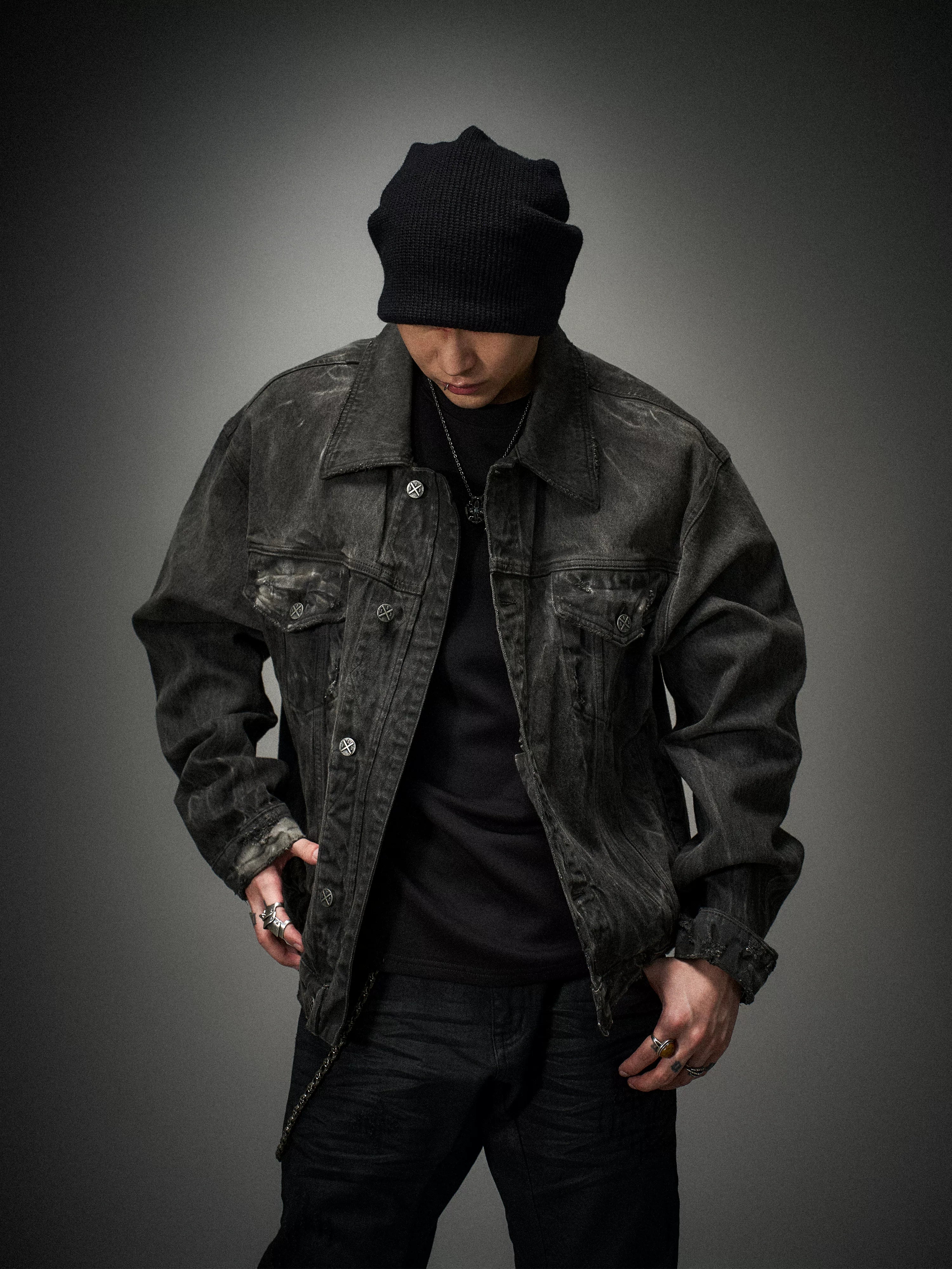 Loose Heavy Washed Distressed Denim Jacket