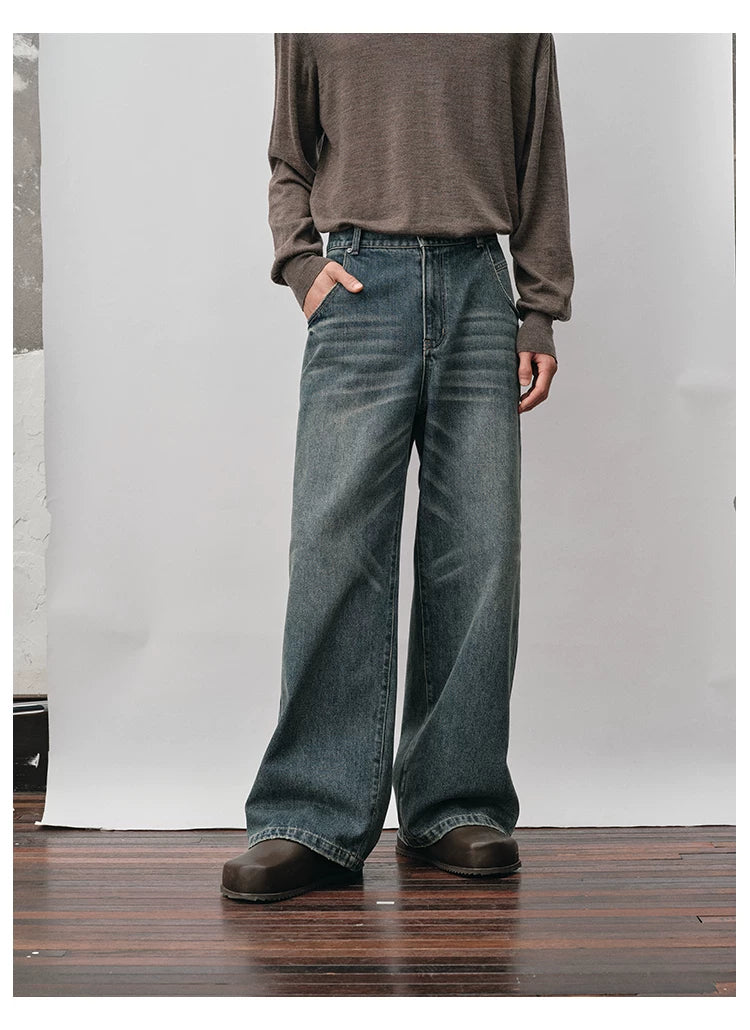 Distressed Whiskered Straight Leg Jeans