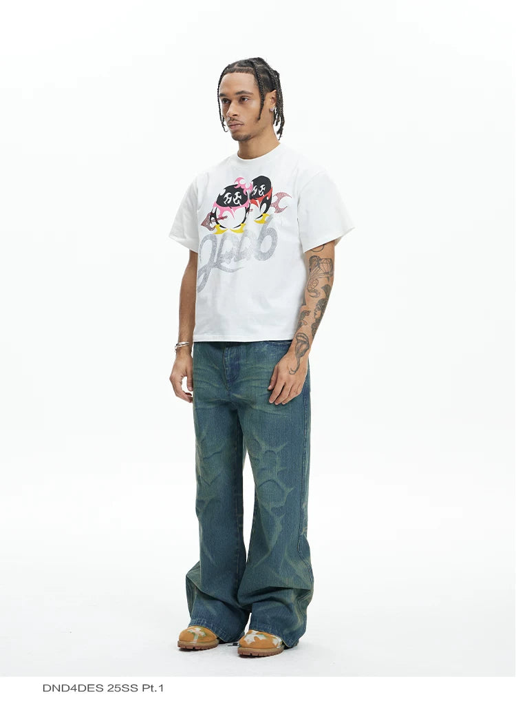 Vintage Washed Distressed Slub Flare Jeans