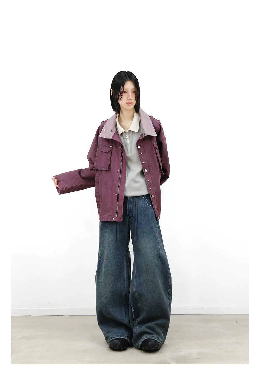 Studded Deconstructed Washed Two-tone A-line Jeans