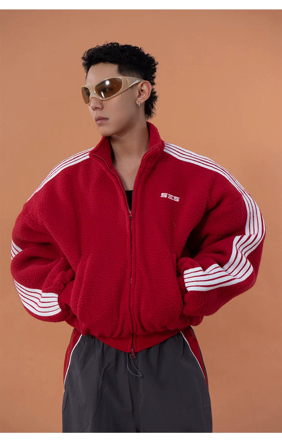 Men's Red Green Faux Shearling Jacket