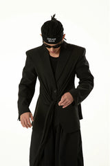Black Wool Ribbon Pleated Waist-Tailored Blazer