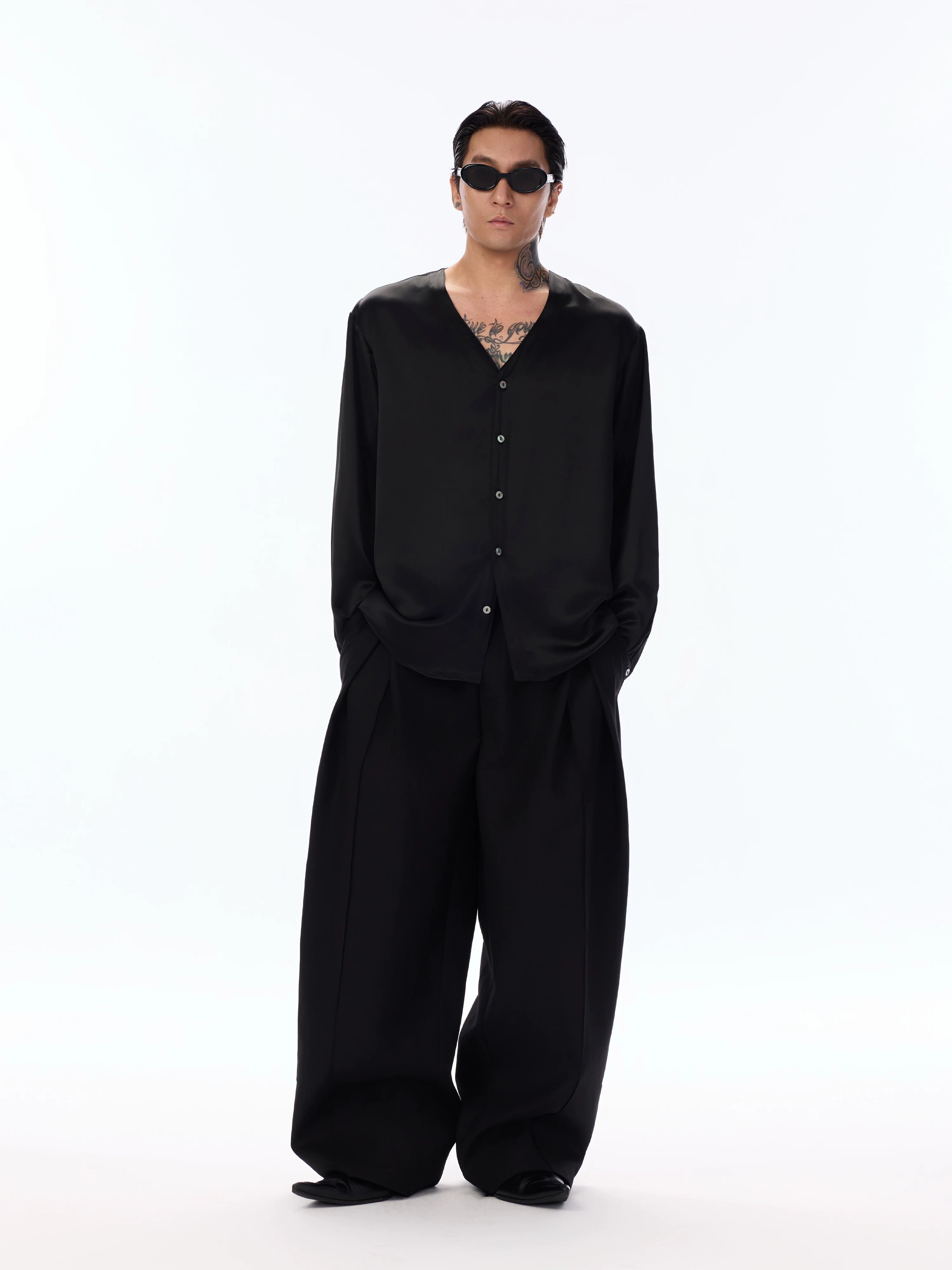 Satin V-Neck Acetate Long-Sleeve Shirt