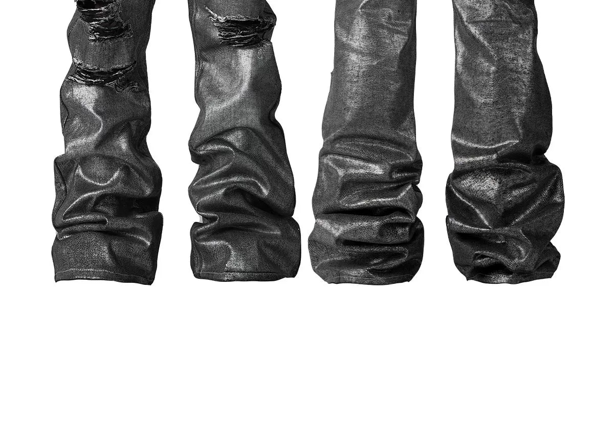 Distressed Silver Coated Embroidered Flared Jeans