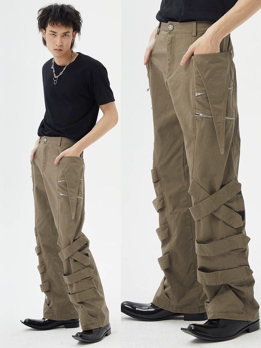 Vintage Brown Tie-Waist Wide-Leg Cargo Pants