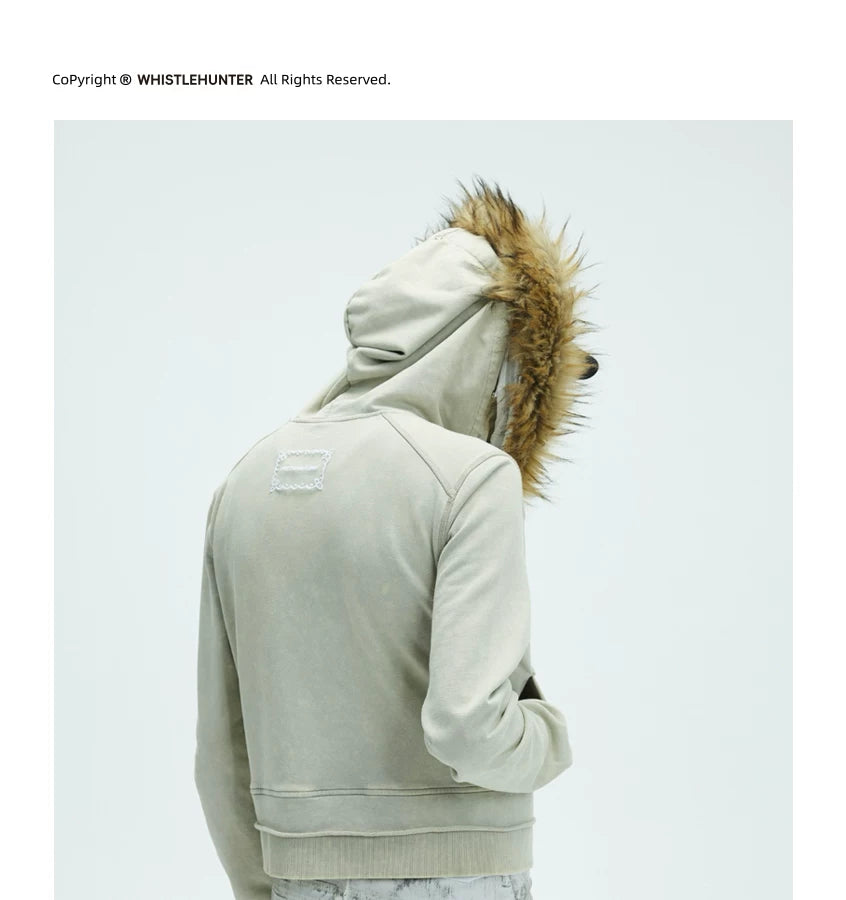 Washed Detachable Fur Zip Hoodie