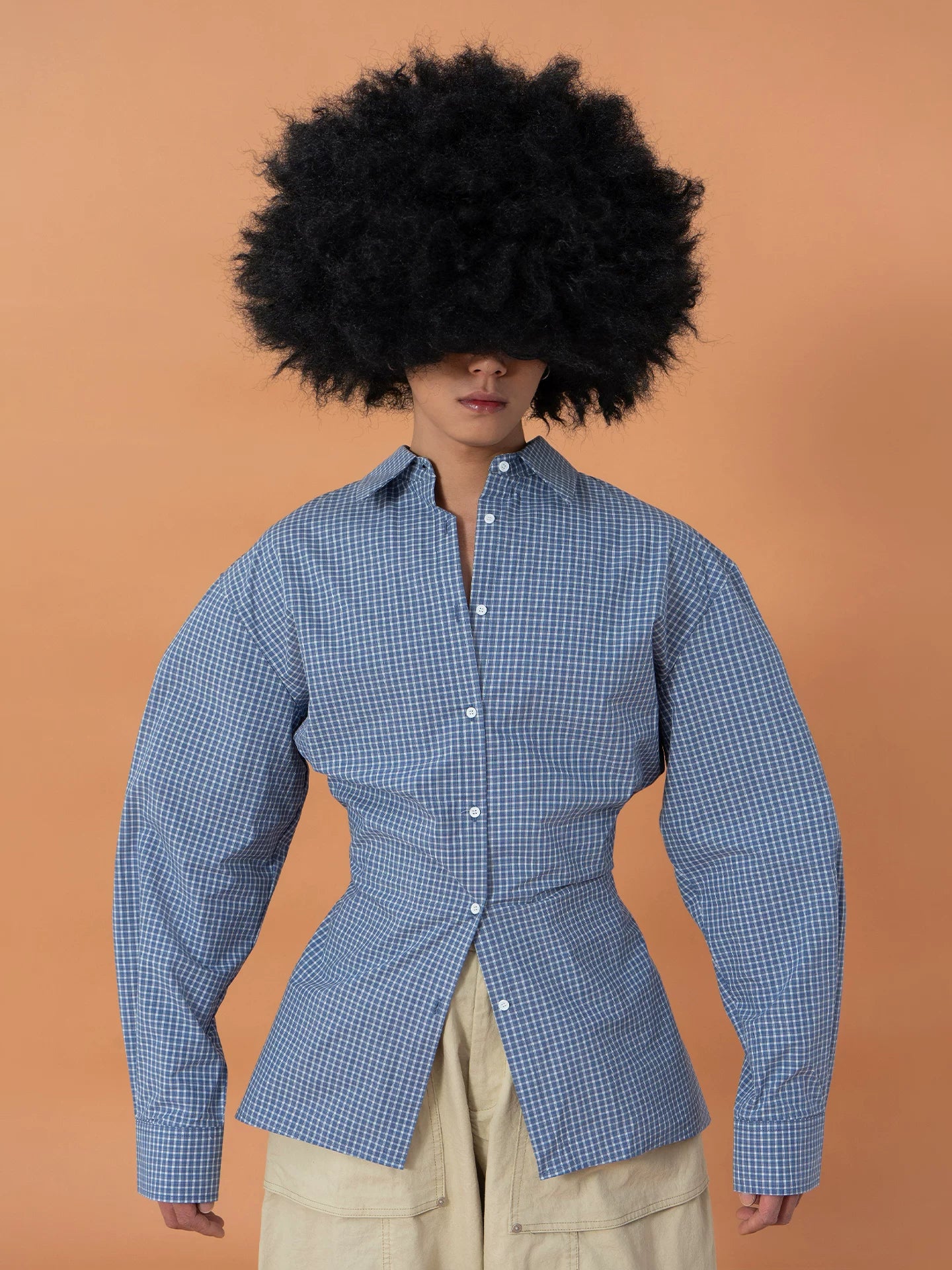Unisex Fitted Blue Plaid Long-sleeve Shirt