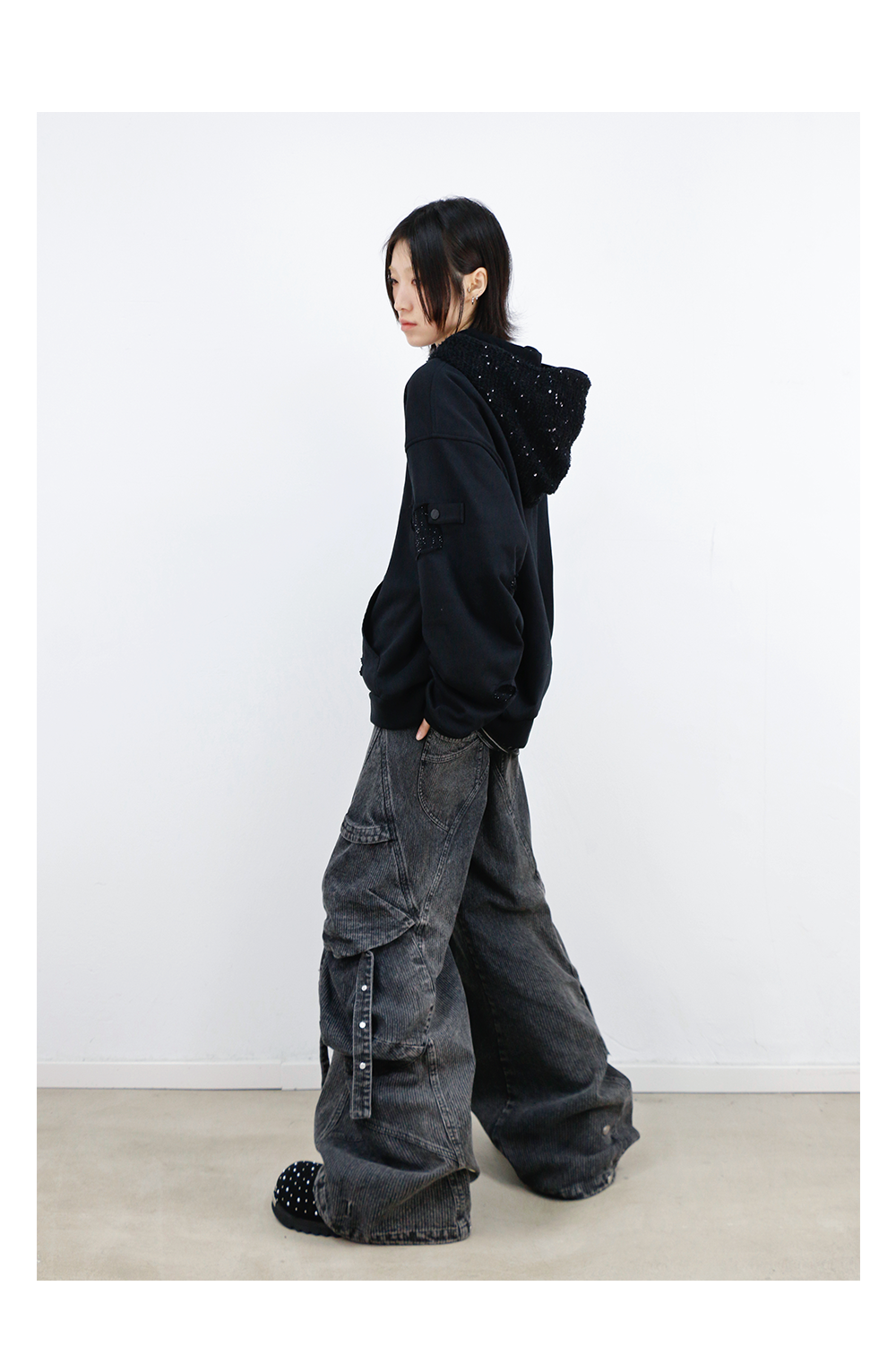 Detachable Dual Hood Rhinestone Zip Hoodie