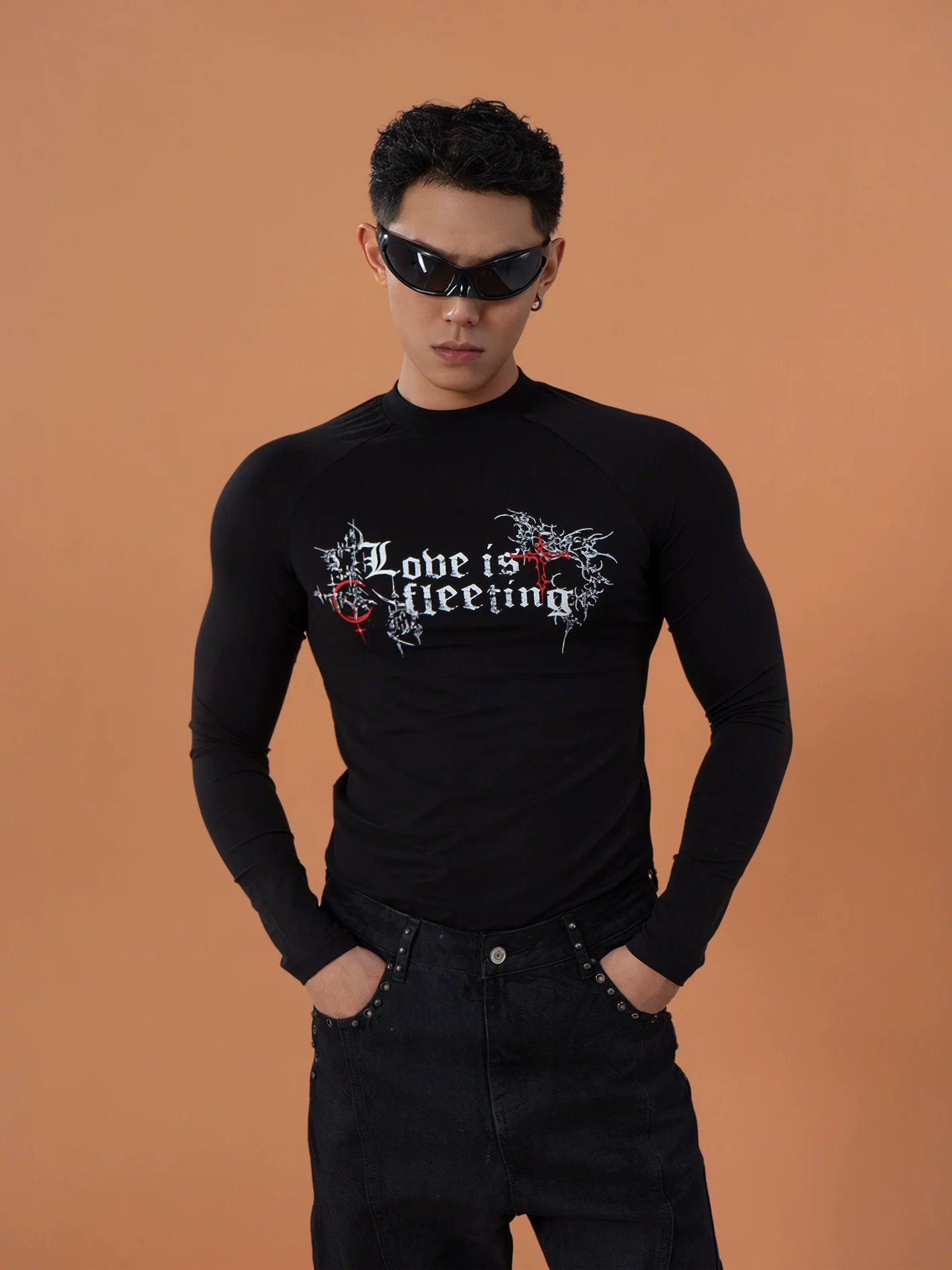 Black Gothic Print Fitted Long-Sleeve Tee