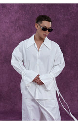 Men's Long-Sleeve Black-and-White Ruffled Sash Shirt