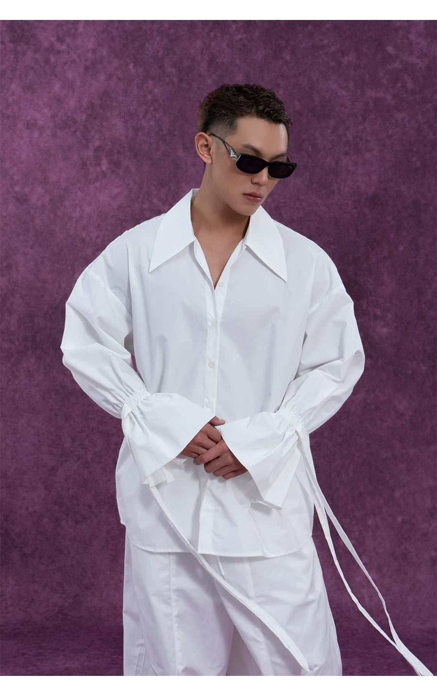 Men's Long-Sleeve Black-and-White Ruffled Sash Shirt