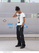 Double Zip Leather Patch Flared Jeans
