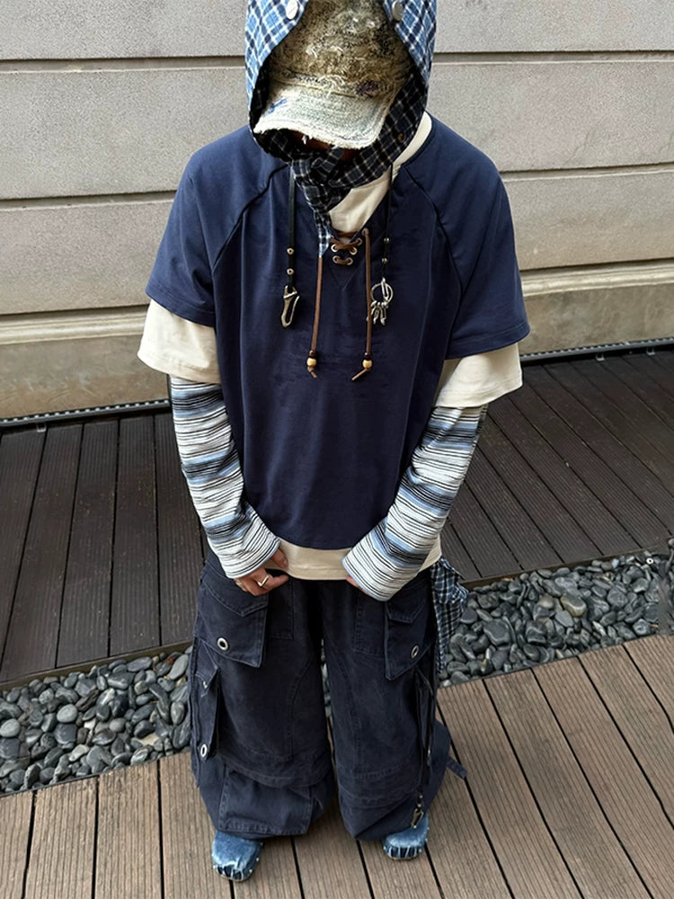 Three-In-One Four-Color Striped Beaded Long Tee