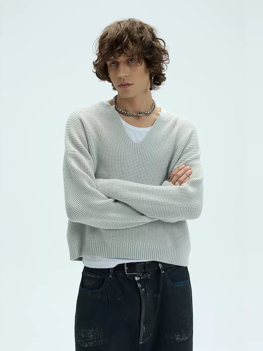 V-Neck Three-Color Waffle Lace Knit Sweater