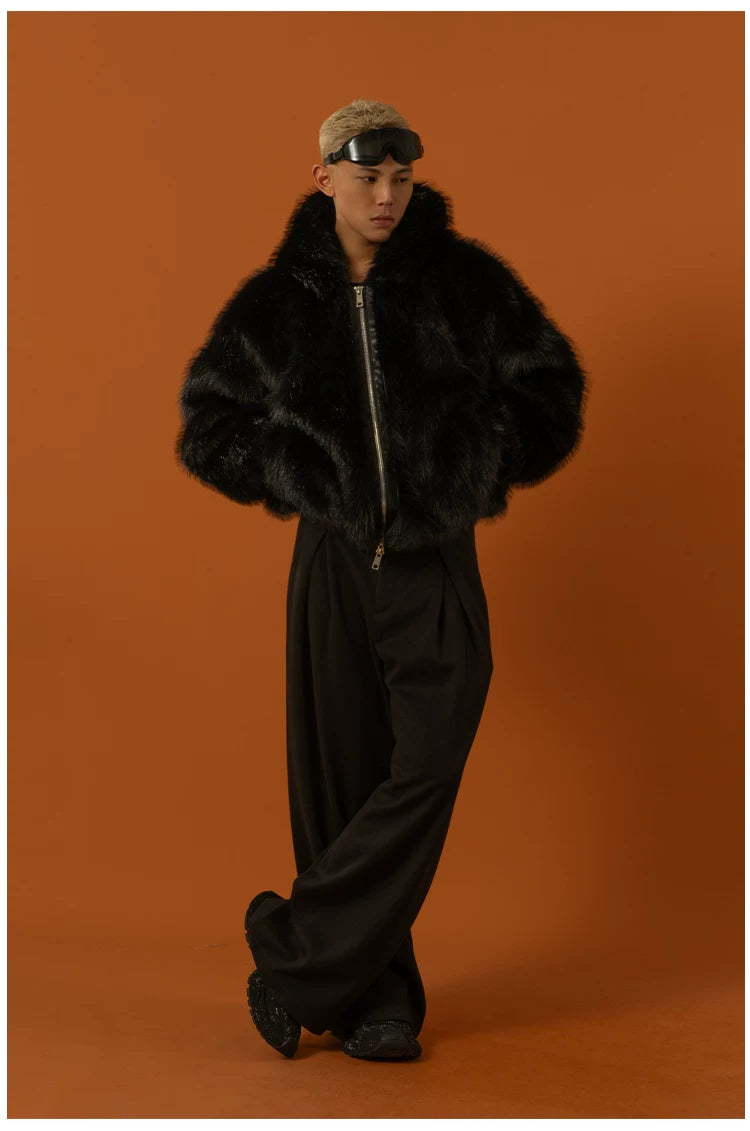 Black Red Hooded Faux Fur Coat