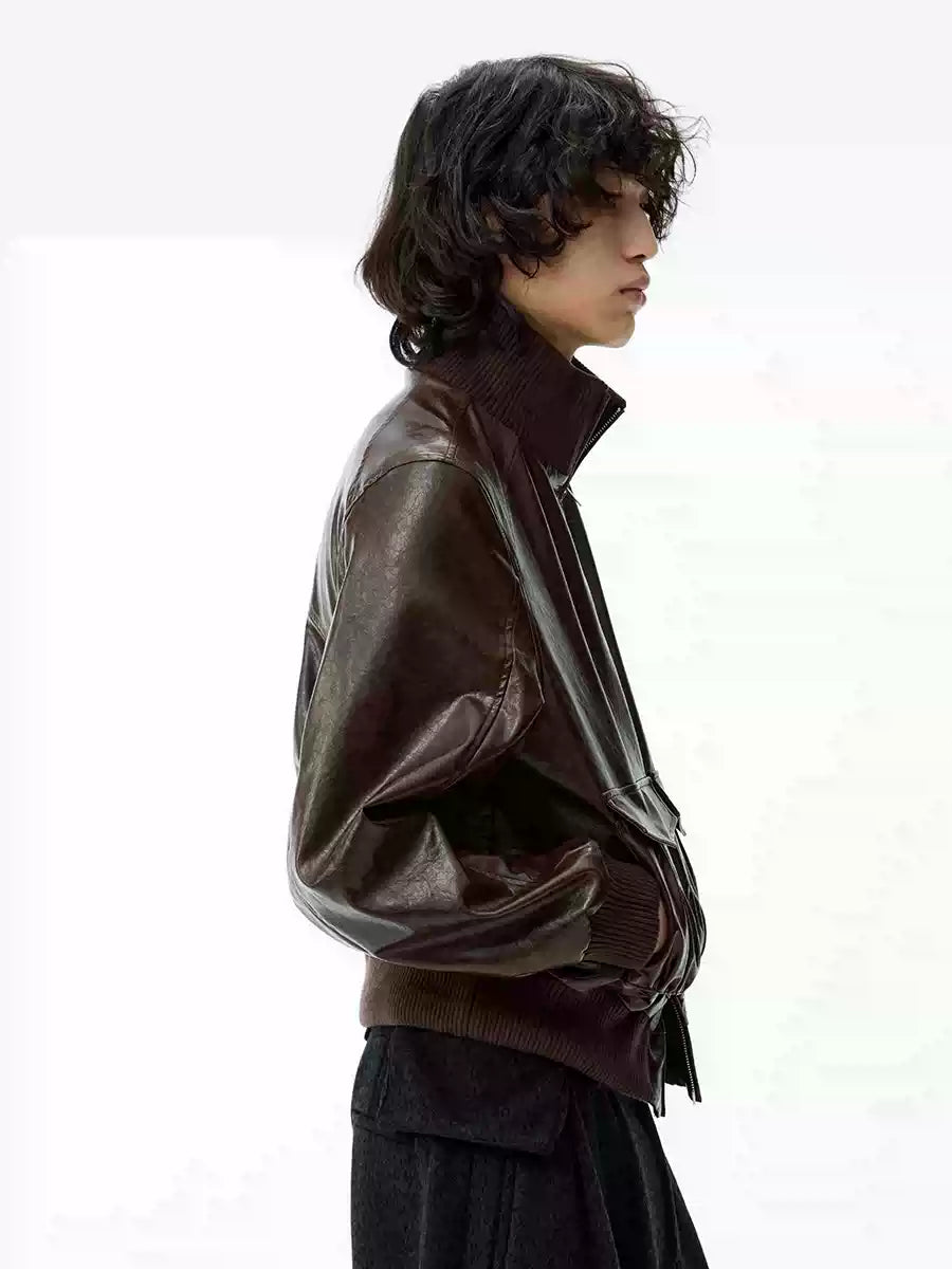 Cropped Double Zipper Waxed Leather Jacket