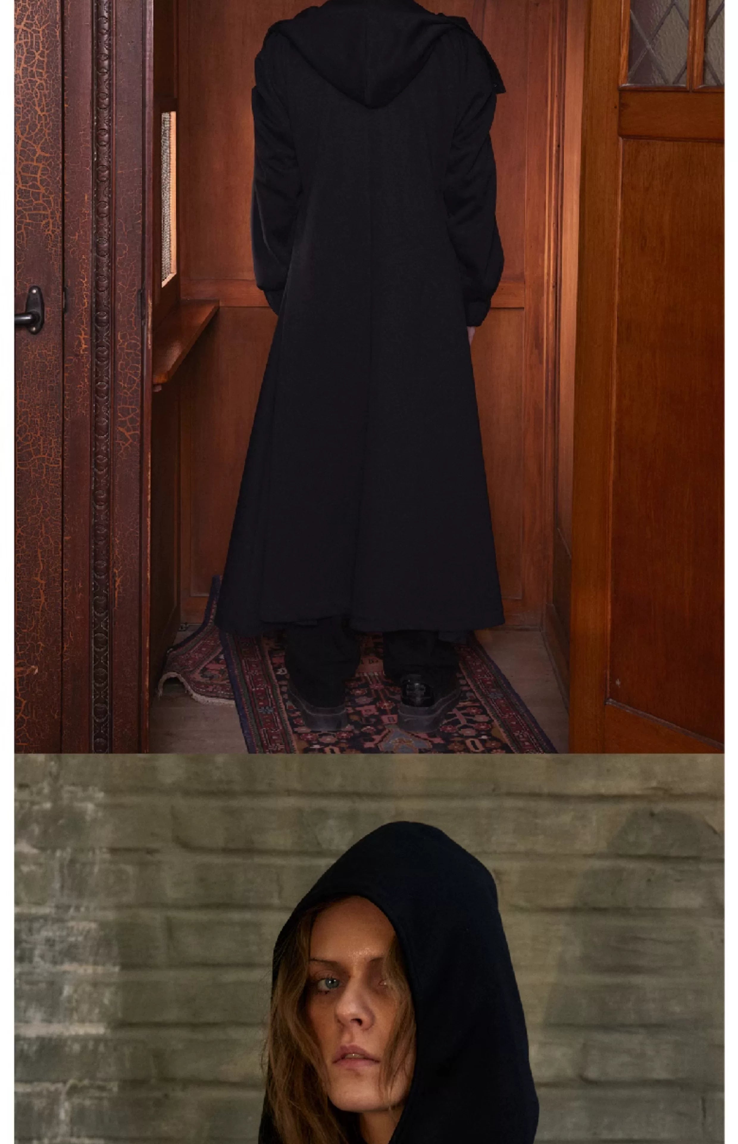 Unisex Hooded Ruched-Waist Cape Coat
