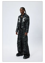 American Printed Pleated Leather Biker Jacket