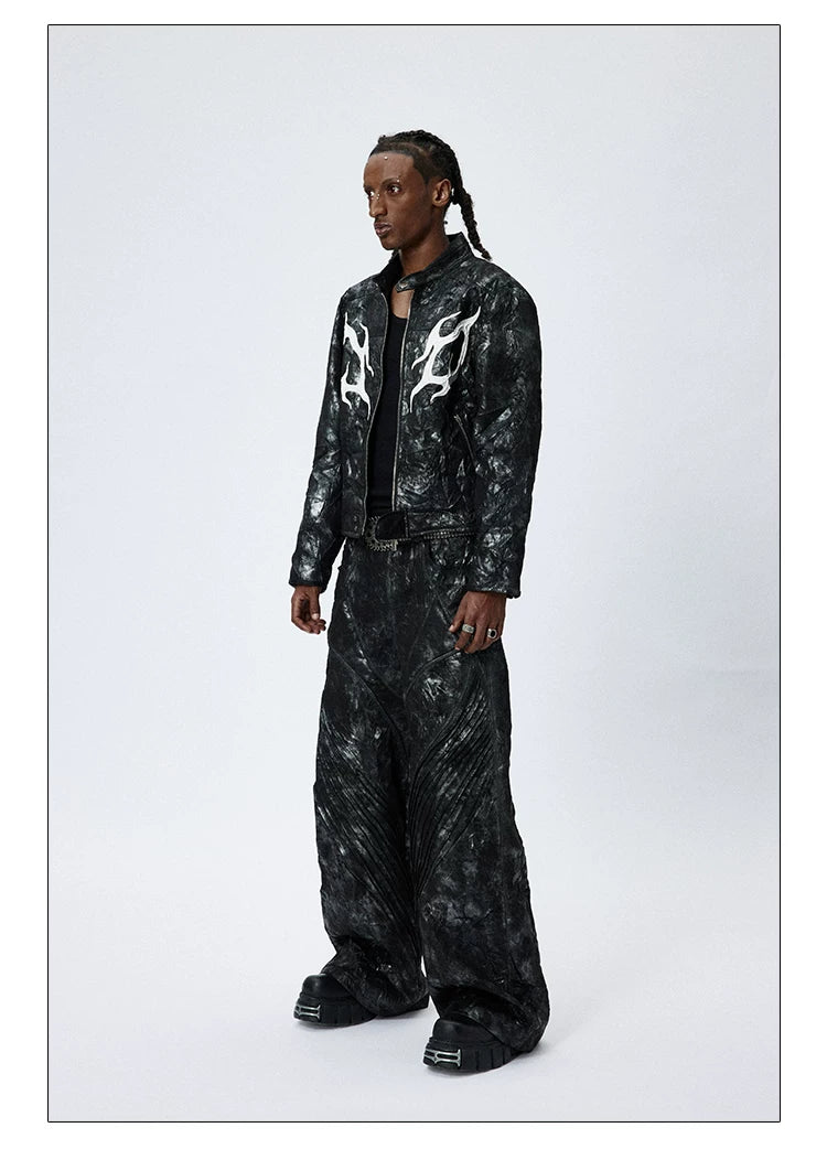 American Printed Pleated Leather Biker Jacket
