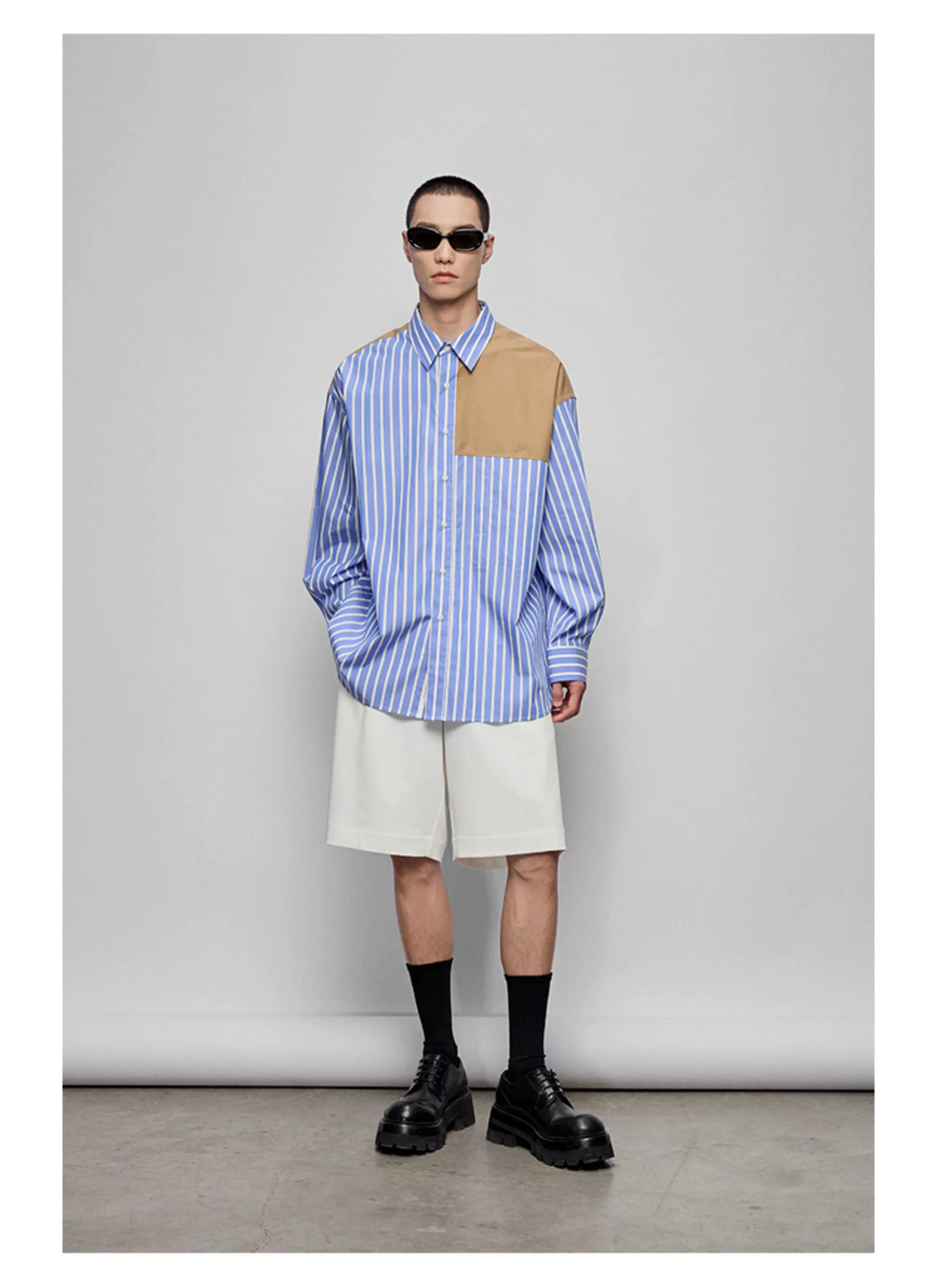 Color-block Striped Cotton Pocket Shirt