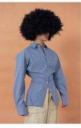 Unisex Fitted Blue Plaid Long-sleeve Shirt
