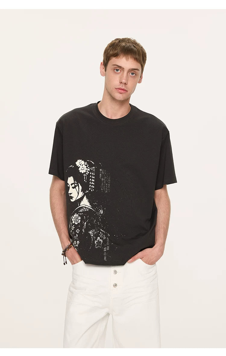 Geisha Print Casual Boxy Tee
